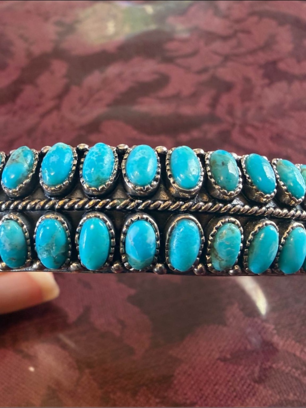 Vintage Southwestern Style Heavy Silver & Turquoise Double Row Cuff - 39 g